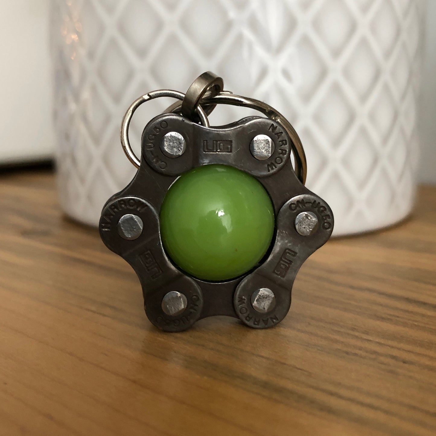 Recycled Bicycle Chain Key Chain: Chrysoprase with Black Link