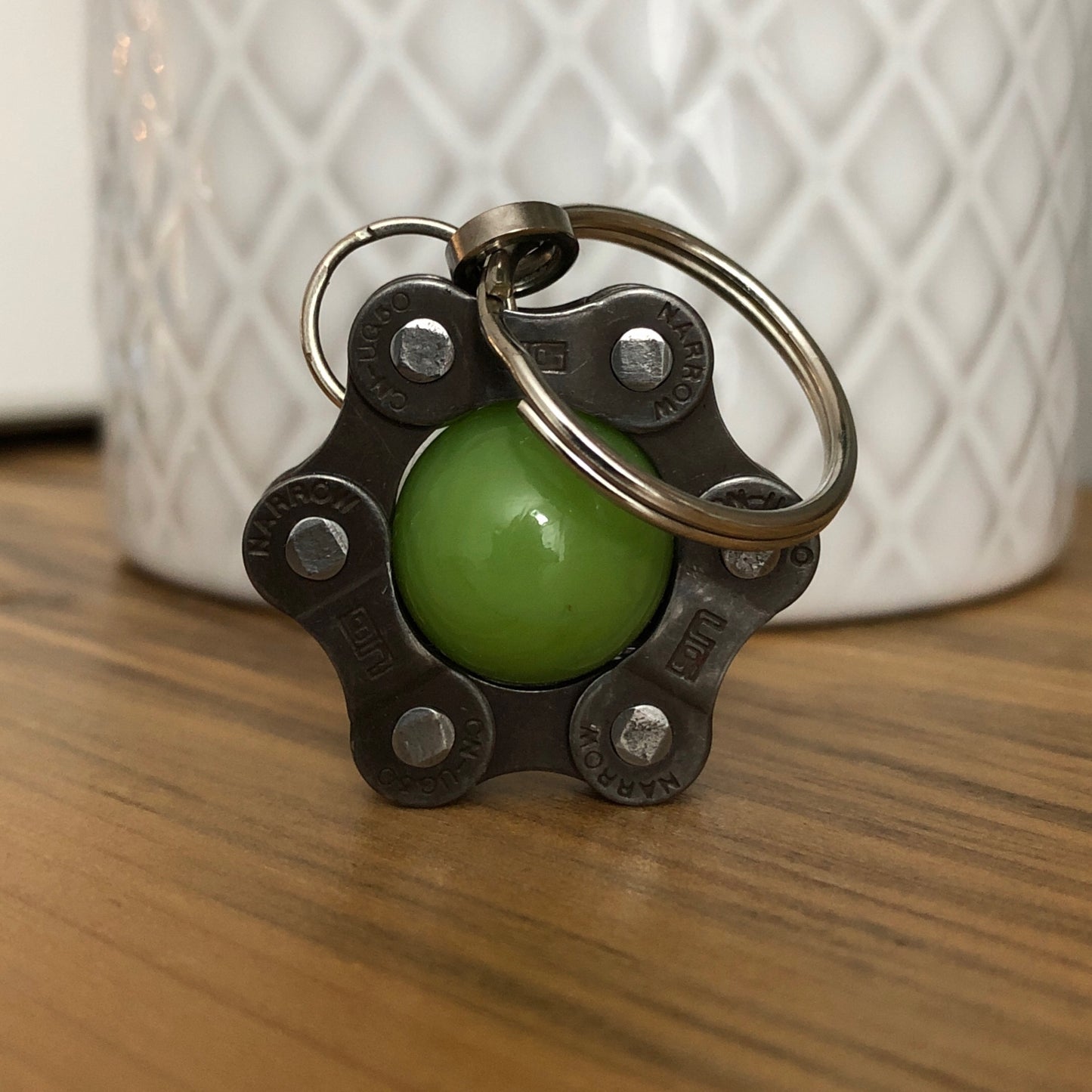 Recycled Bicycle Chain Key Chain: Chrysoprase with Black Link