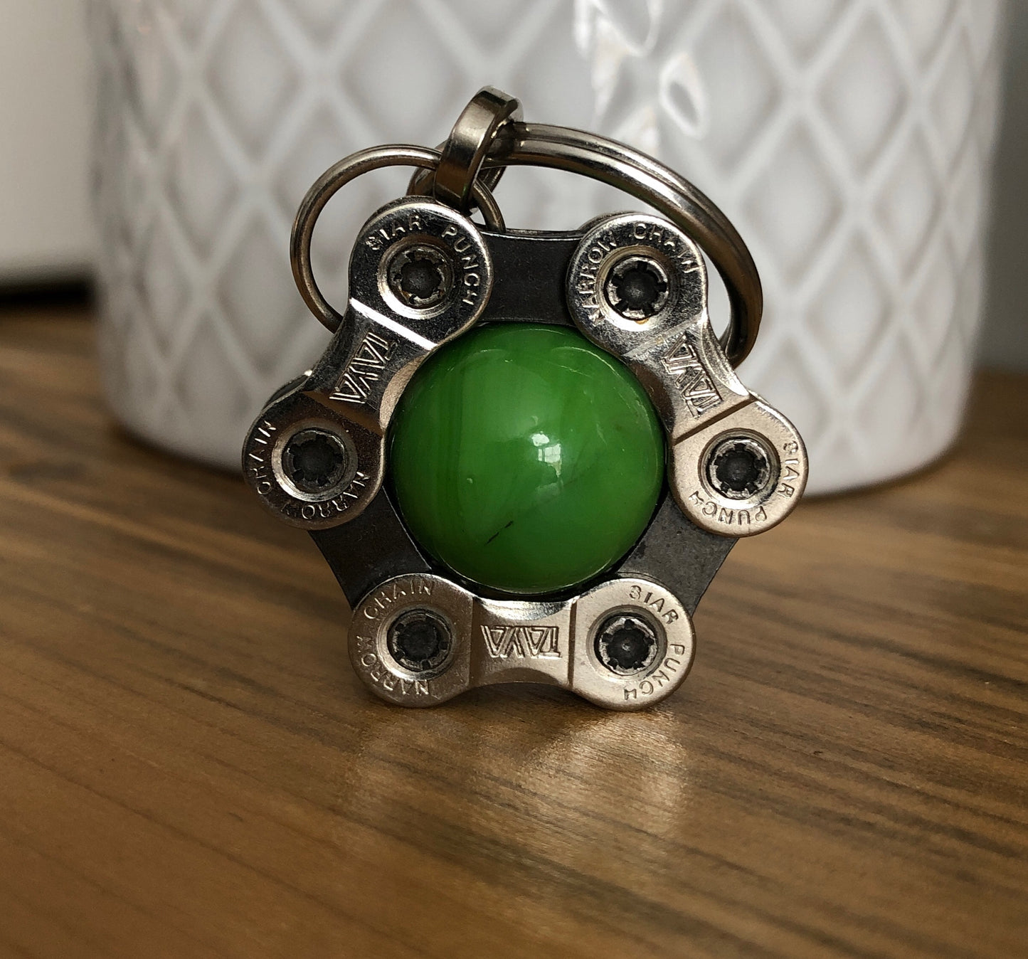 Recycled Bicycle Chain Key Chain: Chrysoprase with Silver Link
