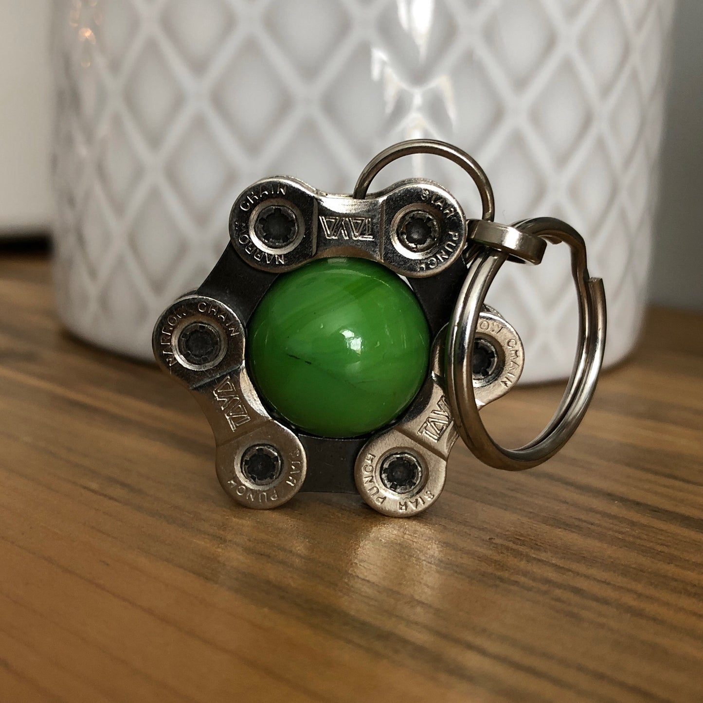 Recycled Bicycle Chain Key Chain: Chrysoprase with Silver Link