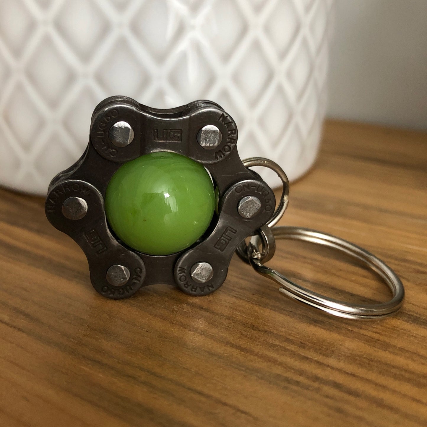 Recycled Bicycle Chain Key Chain: Chrysoprase with Black Link
