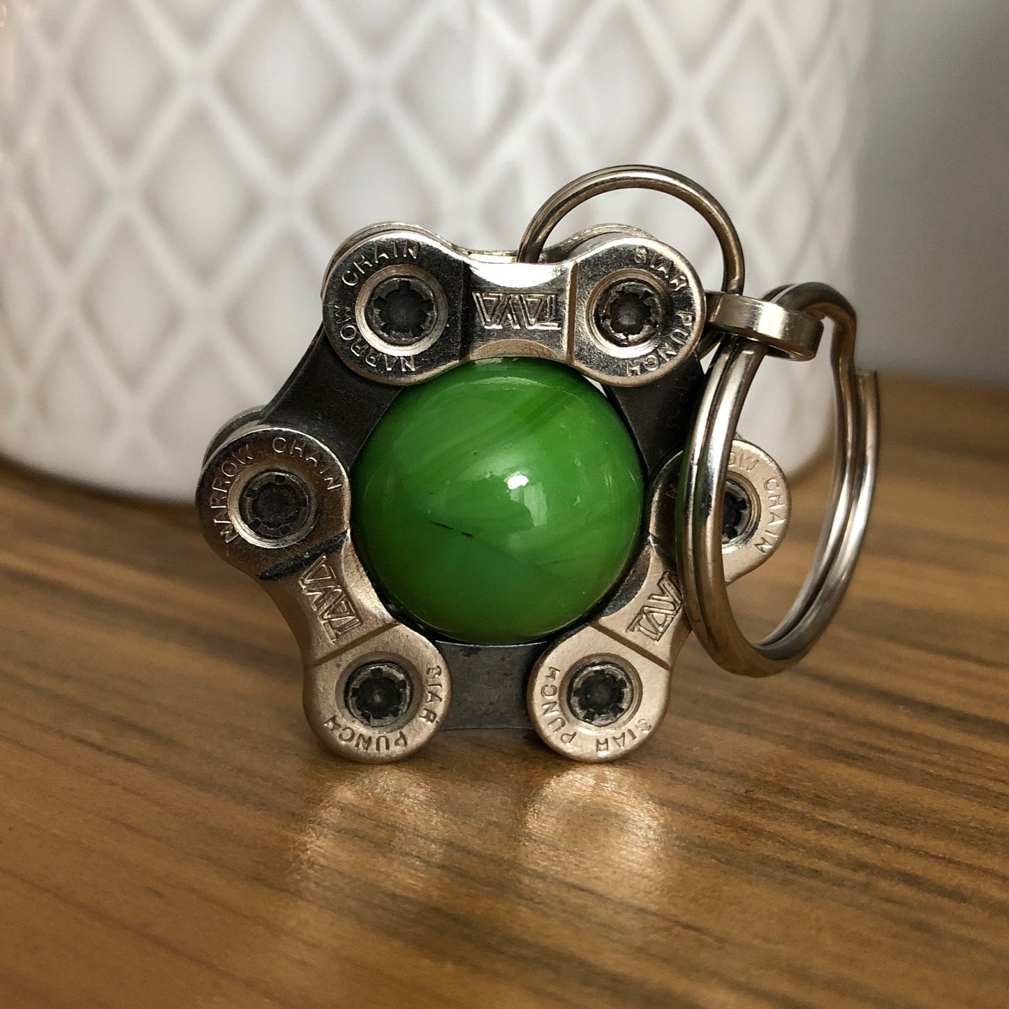 Recycled Bicycle Chain Key Chain: Chrysoprase with Silver Link