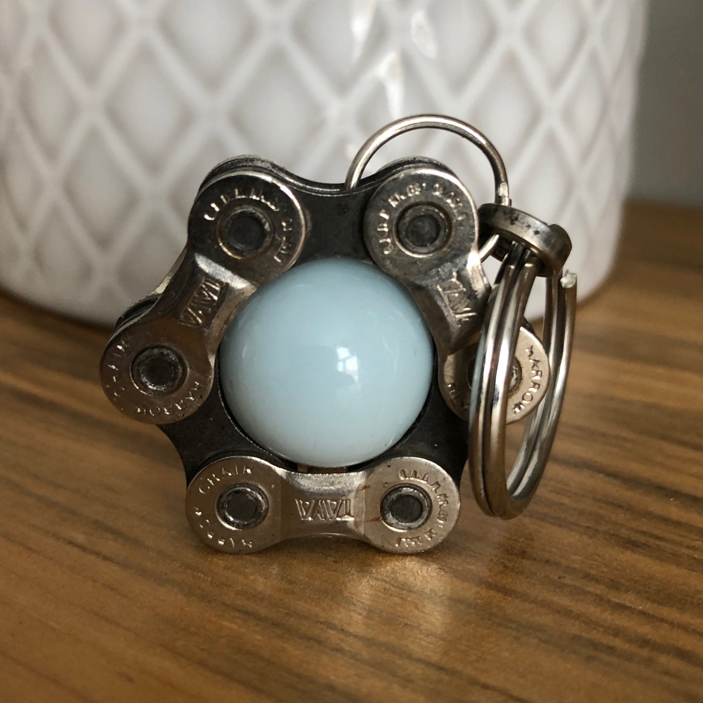 Recycled Bicycle Chain Key Chain: Baby Blue