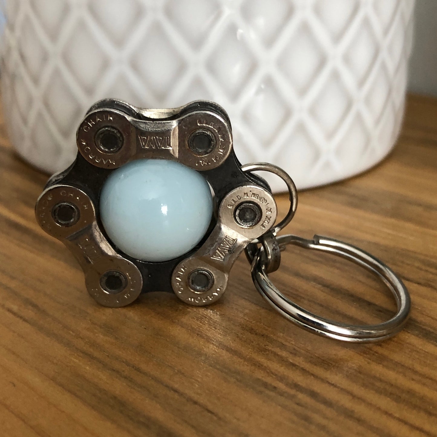 Recycled Bicycle Chain Key Chain: Baby Blue