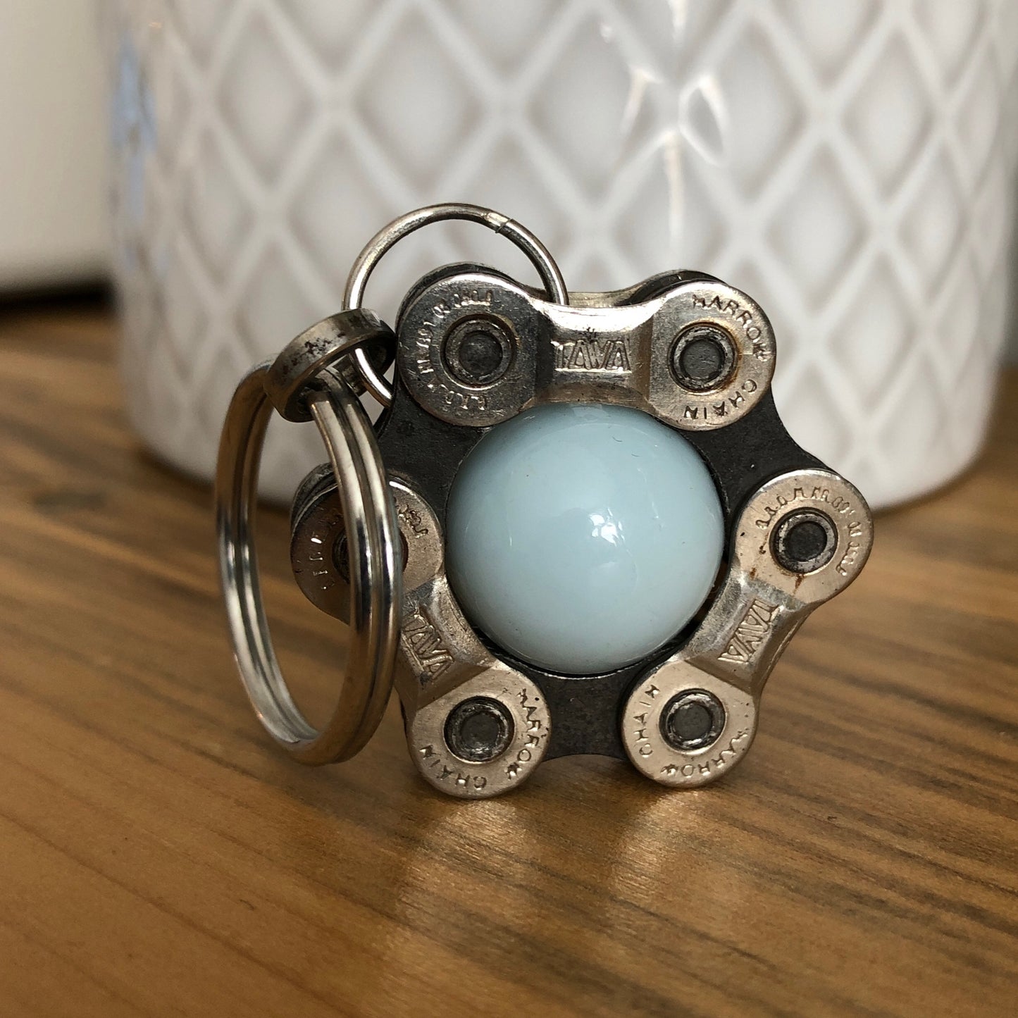 Recycled Bicycle Chain Key Chain: Baby Blue